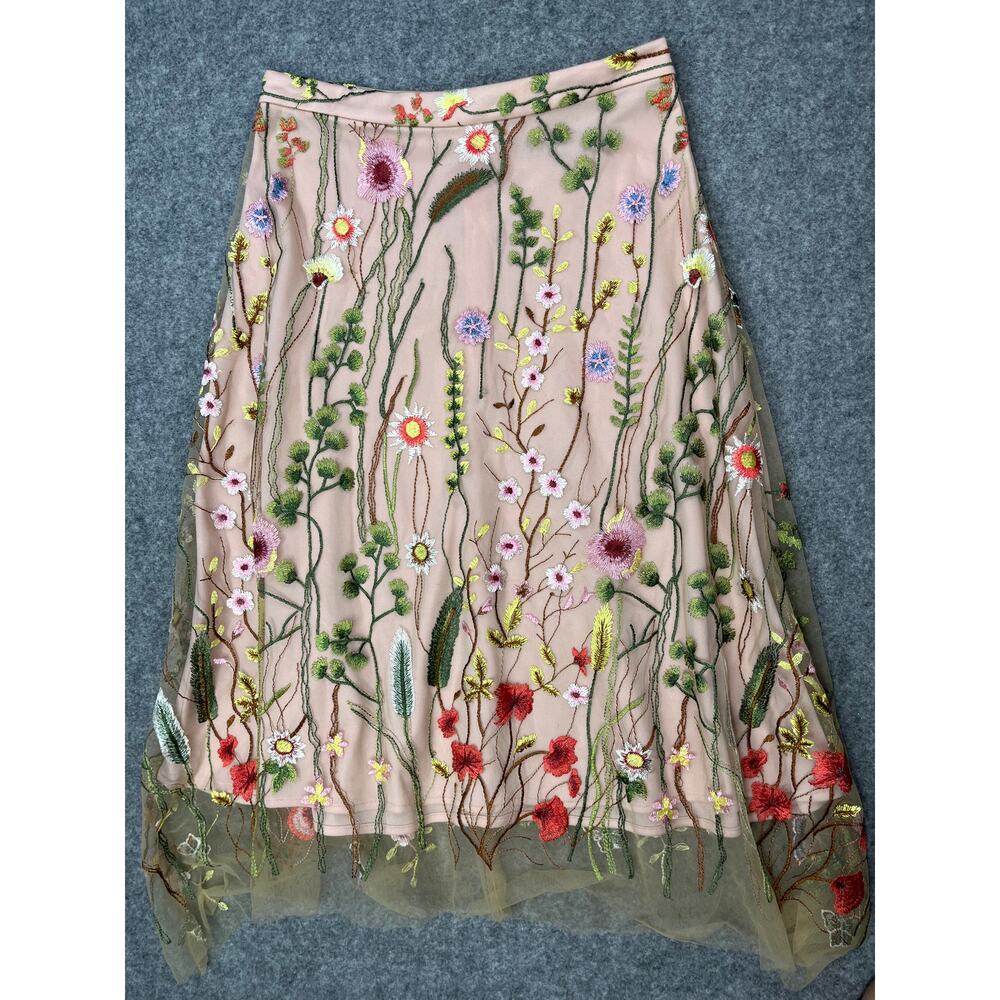 Eva Franco French Embroidered Floral Mesh Midi Skirt Size 2 - Picture 2 of 6
